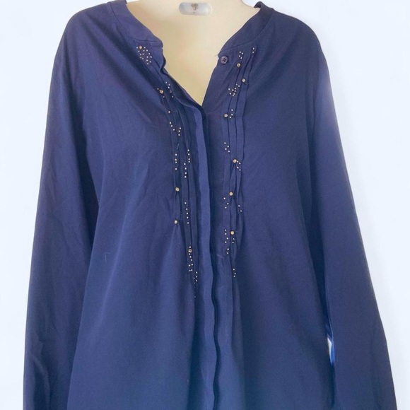 Coldwater Creek Women's Navy Embellished Top with beaded f Eront - Picture 1 of 4